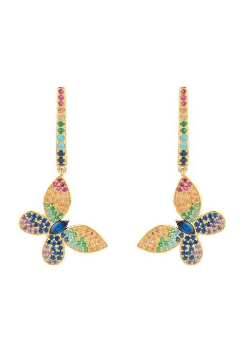 Multicoloured butterfly drop earrings in gold against a white background.
