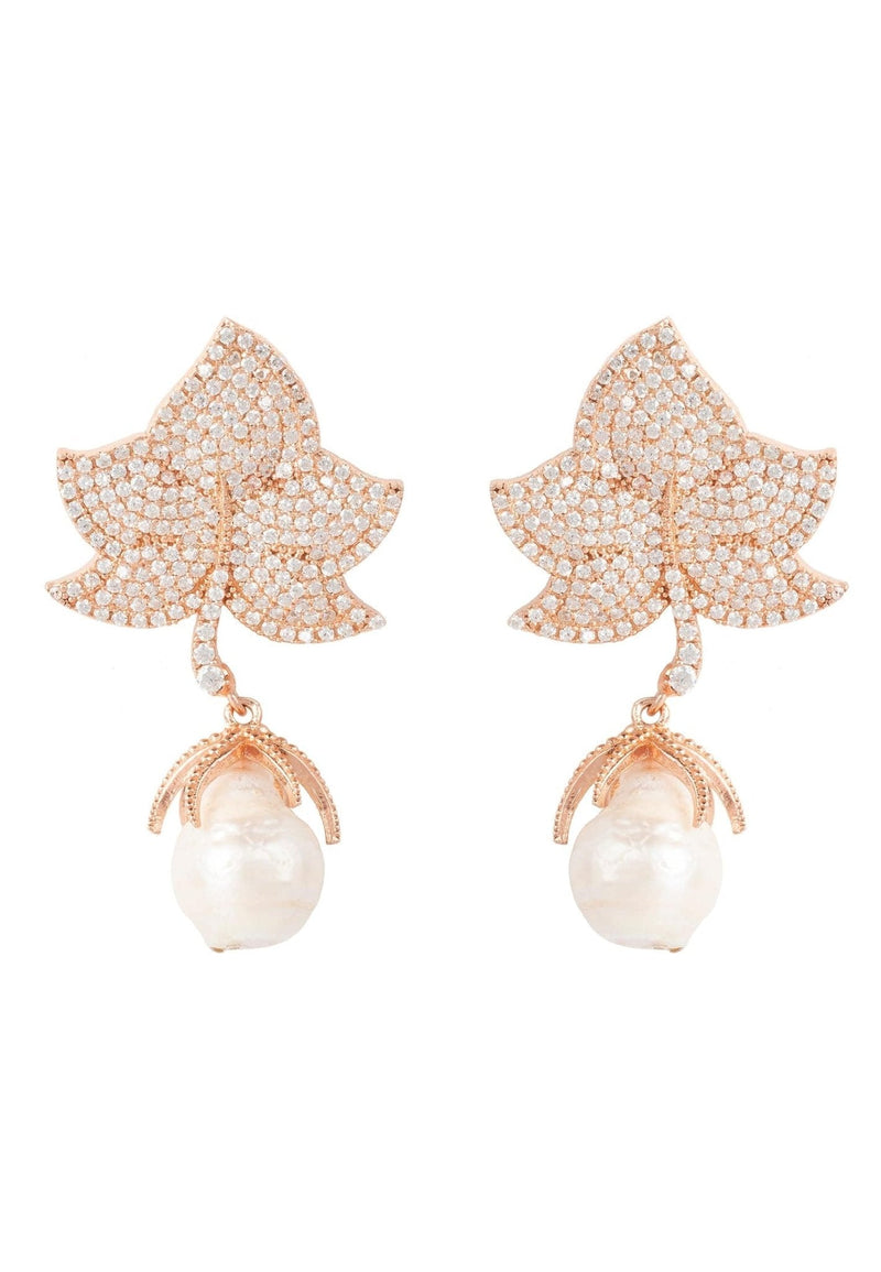 Baroque Pearl Leaf Earrings White Cz Rose Gold
