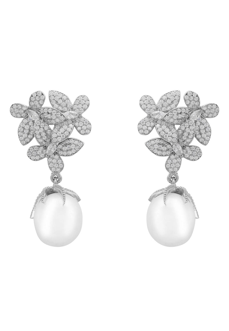 Flowers Pearl Earrings Silver White