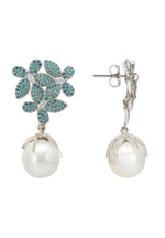 Flowers Pearl Earrings Aqua Blue Silver