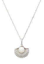 Deco Fan and Pearl Pendant Necklace Silver