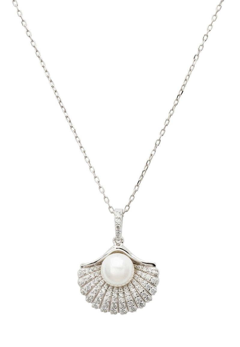 Deco Fan and Pearl Pendant Necklace Silver