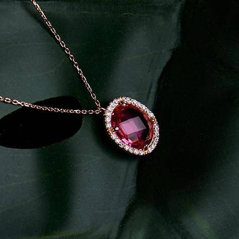 Beatrice Oval Gemstone Pendant Necklace Rose Gold Pink Tourmaline