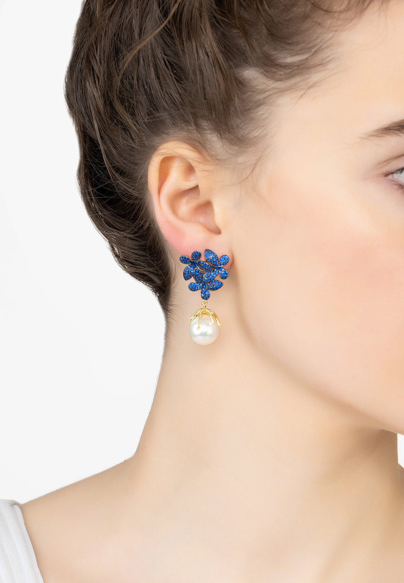 Flowers Pearl Earrings Sapphire Blue Gold