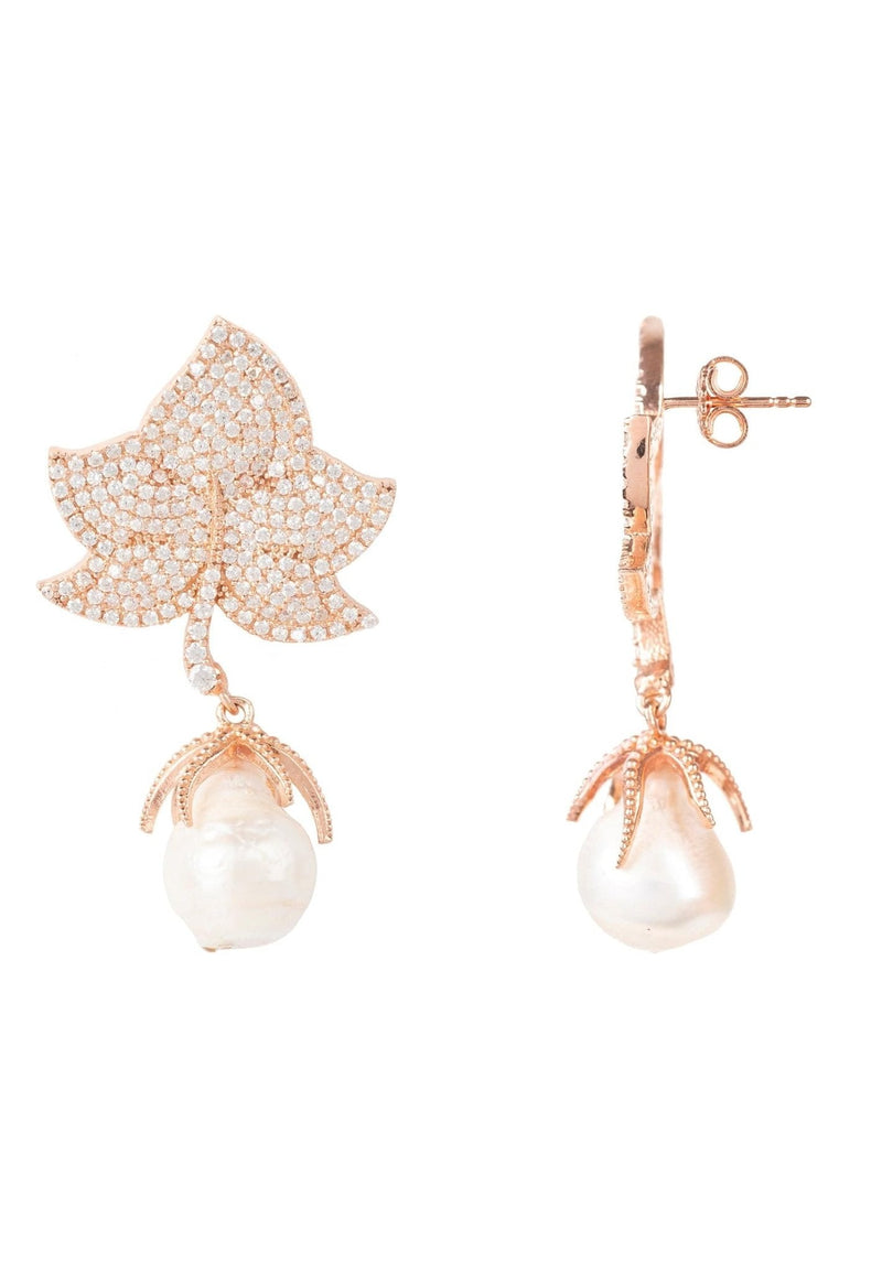 Baroque Pearl Leaf Earrings White Cz Rose Gold
