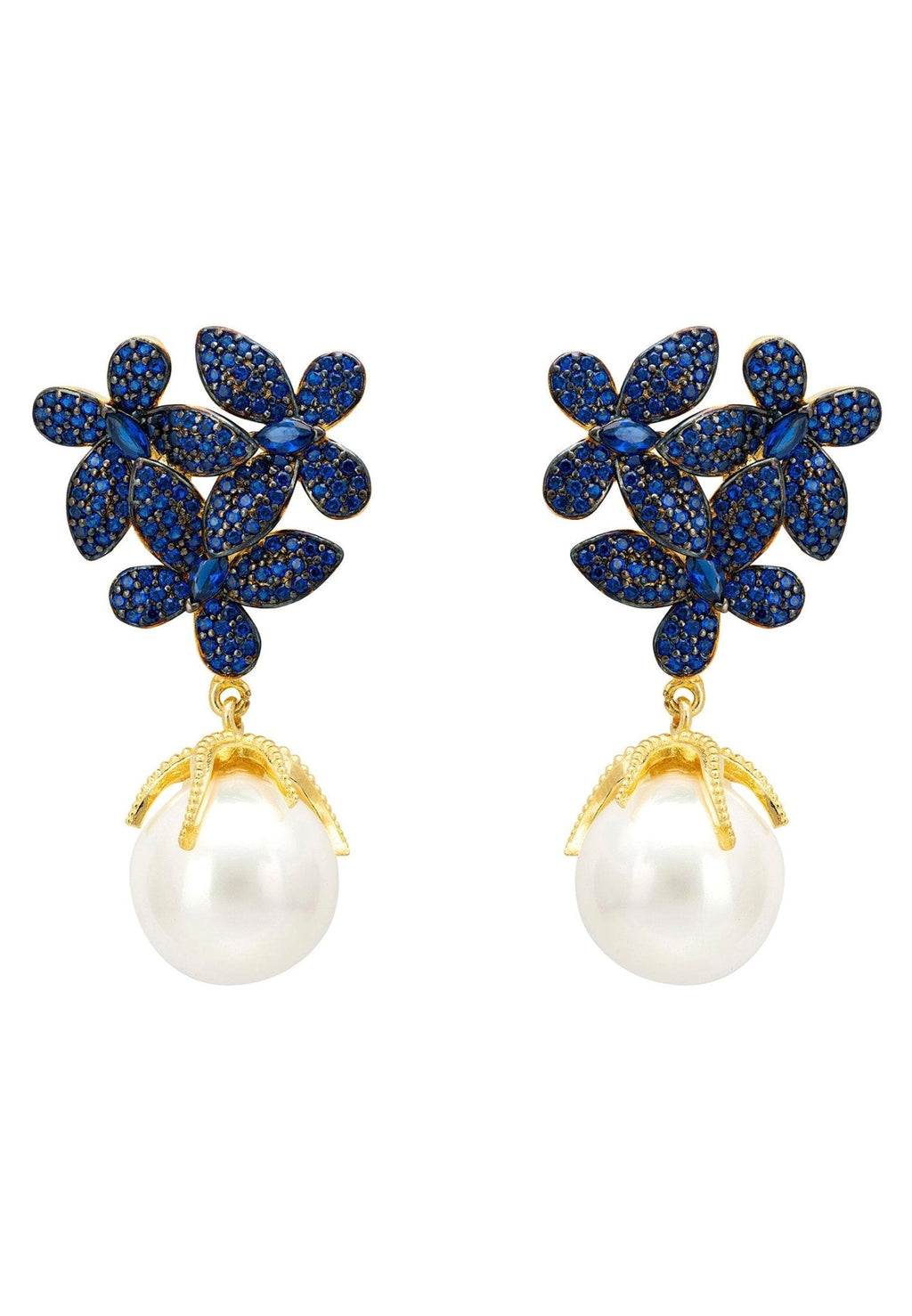 ピアス [Rita monica] Flower Pearl Earrings Flowers Pearl Earrings Sapphire Blue Gold – Little Crystals