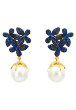 Flowers Pearl Earrings Sapphire Blue Gold