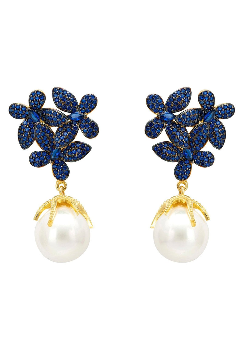 Flowers Pearl Earrings Sapphire Blue Gold