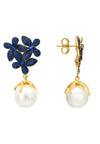 Flowers Pearl Earrings Sapphire Blue Gold