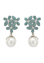 Flowers Pearl Earrings Aqua Blue Silver