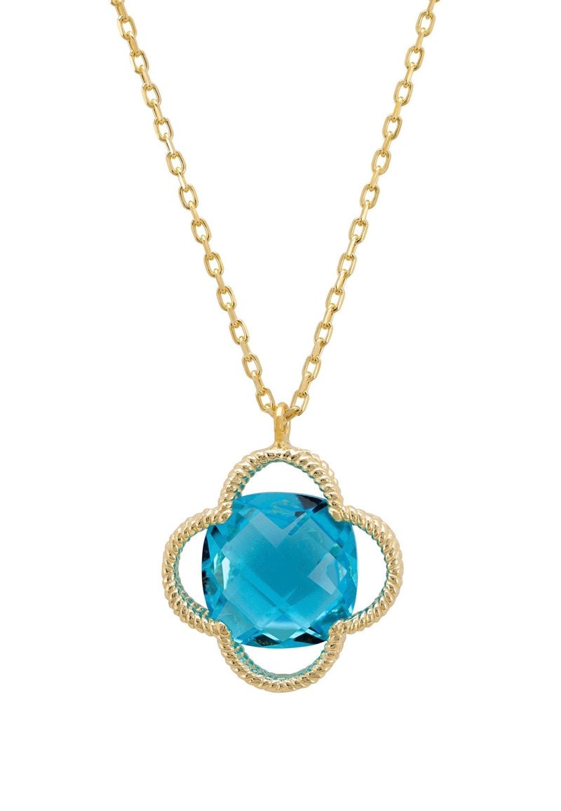 Open Clover Flower Gemstone Necklace Gold Blue Topaz