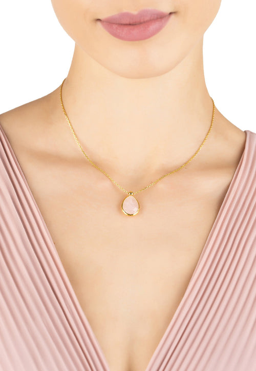 Petite Drop Necklace Gold Rose Quartz