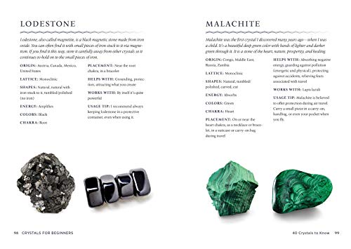 The book Crystals for Beginners has been opened to Lodestone and Malachite crystals. A picture of the crystals is visible along with the accompanying text.