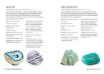 The book Crystals for Beginners has been opened to display the agate and amazonite crystal stones. The accompanying text describing the stones is also visible.