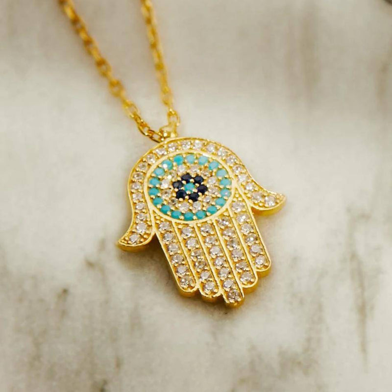 Hamsa Hand Necklace With Pink Sapphire, Turquoise and Diamonds - KAMARIA