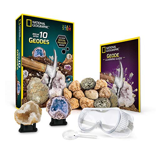 A photo of the National Geographic Break Open Premium Geodes Kit and some of the geode rocks and safety glasses.
