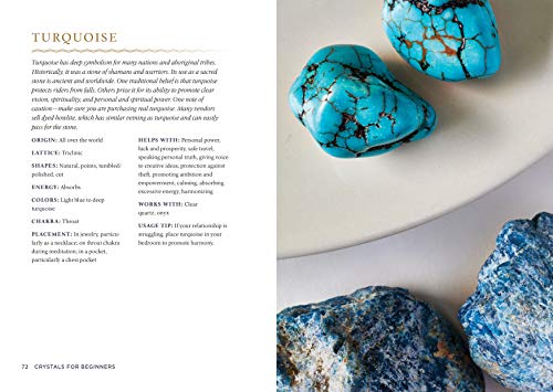 The book Crystals for Beginners has been opened to Turquoise stones. A picture of the stone is visible along with the accompanying text.