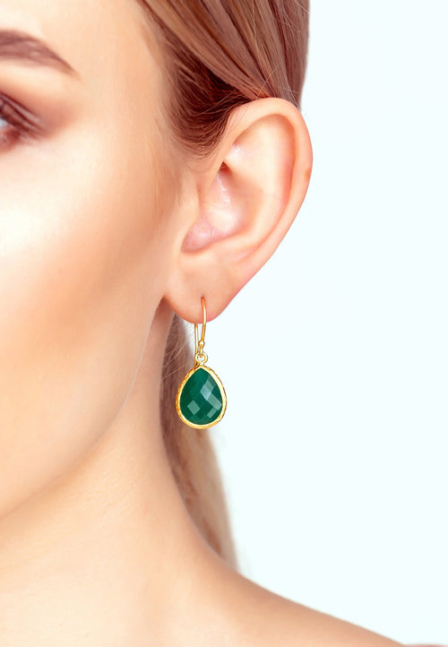 Model wears Petite Drop Earring Green Onyx Gold earring