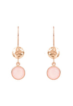 Circle & Hammer Rose Quartz Earrings with Rosegold finish against a white background.
