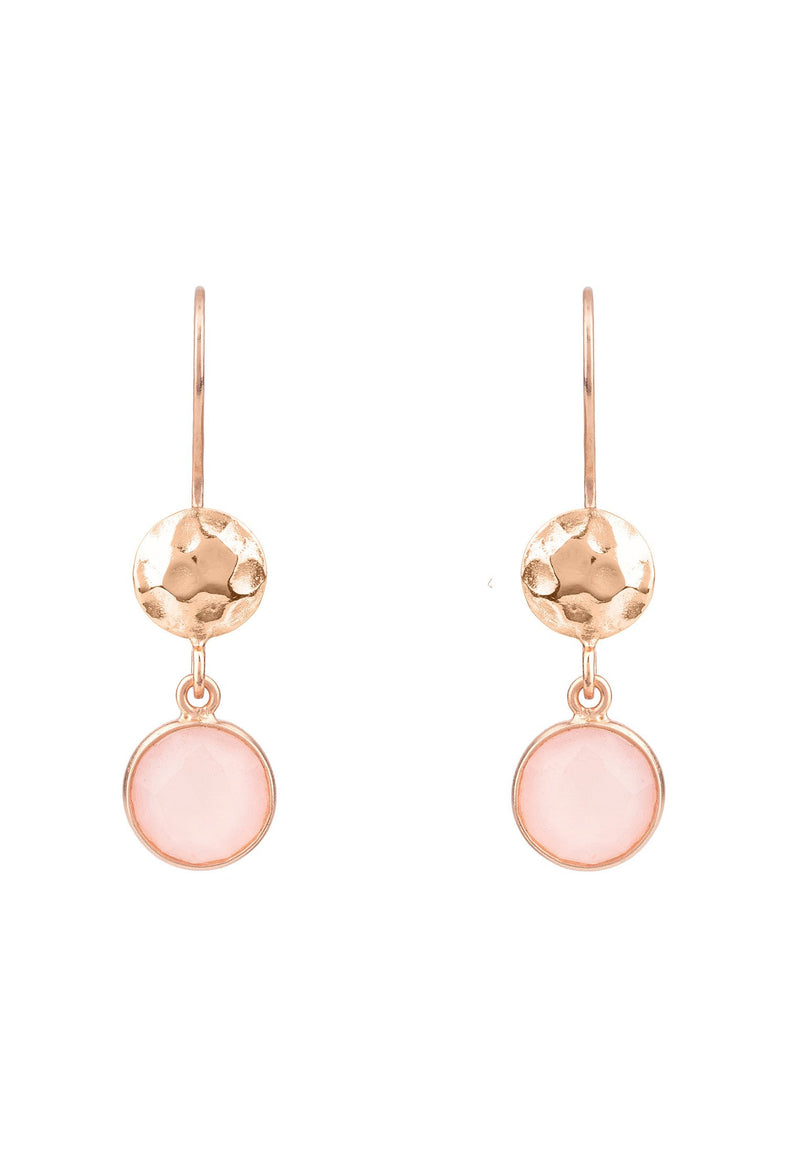 Circle & Hammer Rose Quartz Earrings with Rosegold finish against a white background.
