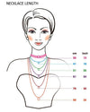 A necklace length chart in both centimetres and inches. The drawing of the model shows where a necklace would sit depending on its length.
