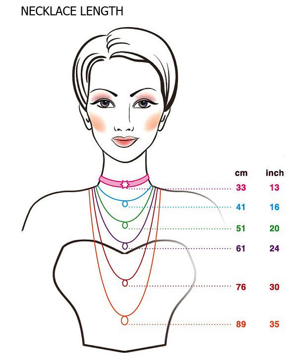 Image of a model with the necklace length chart in centimeters and inches