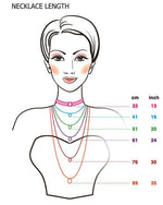 Image of a model with the necklace length chart in centimeters and inches. 