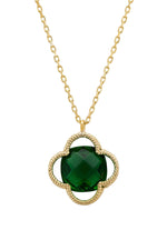 Open Clover Flower Gemstone Necklace Gold Emerald