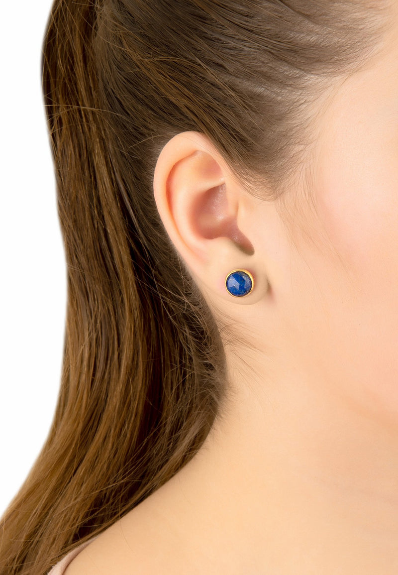 Medium Circle Stud Earrings Gold Lapis Lazuli