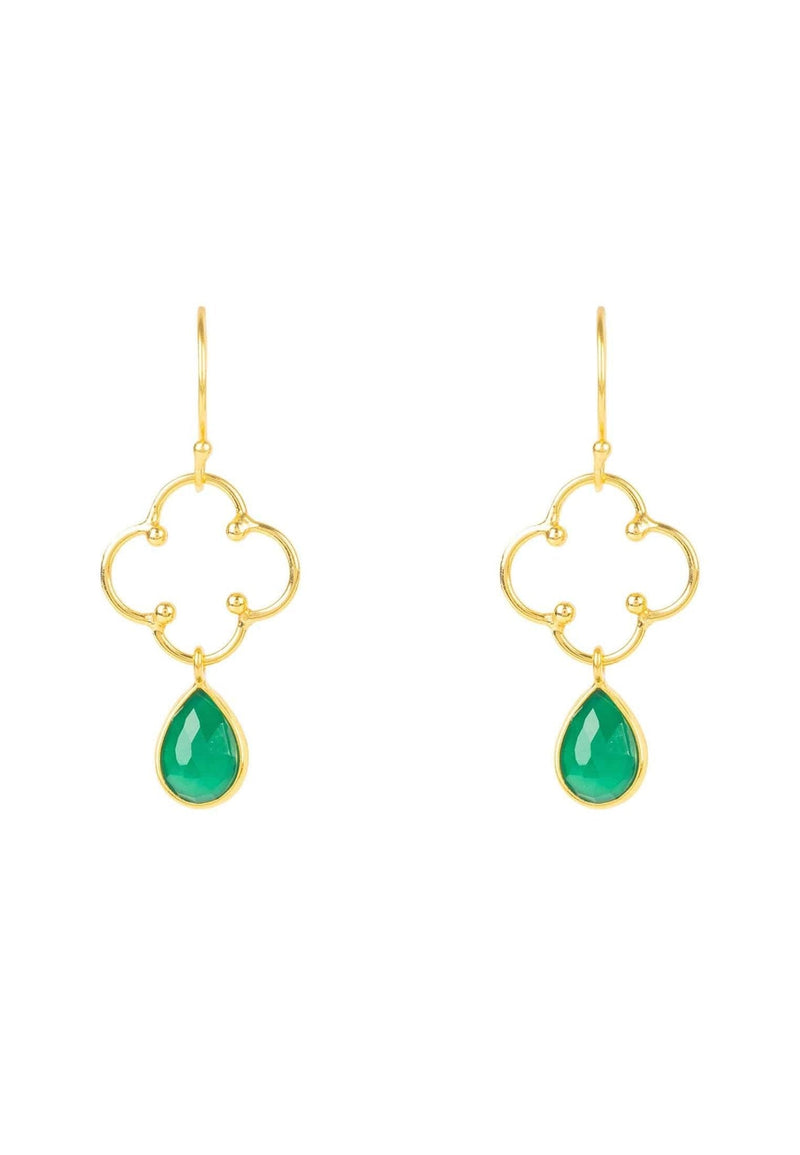 Open Clover Gemstone Drop Earrings Gold Green Onyx