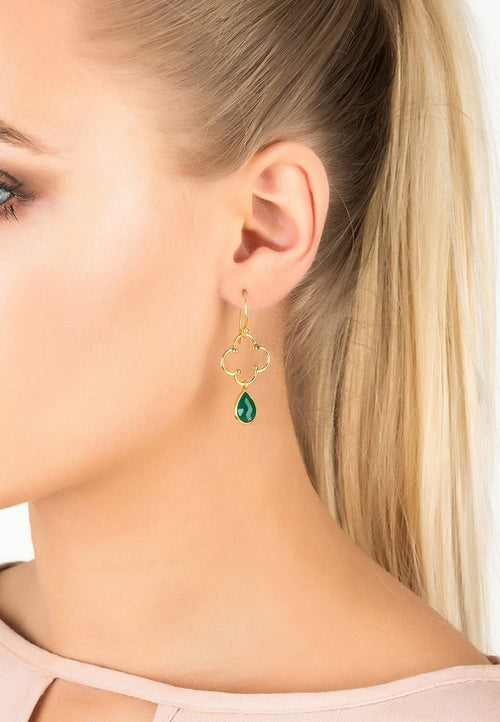 Open Clover Gemstone Drop Earrings Gold Green Onyx