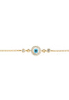 A close up of the evil eye in the Evil Eye Round Mother of Pearl Gemstone Bracelet.