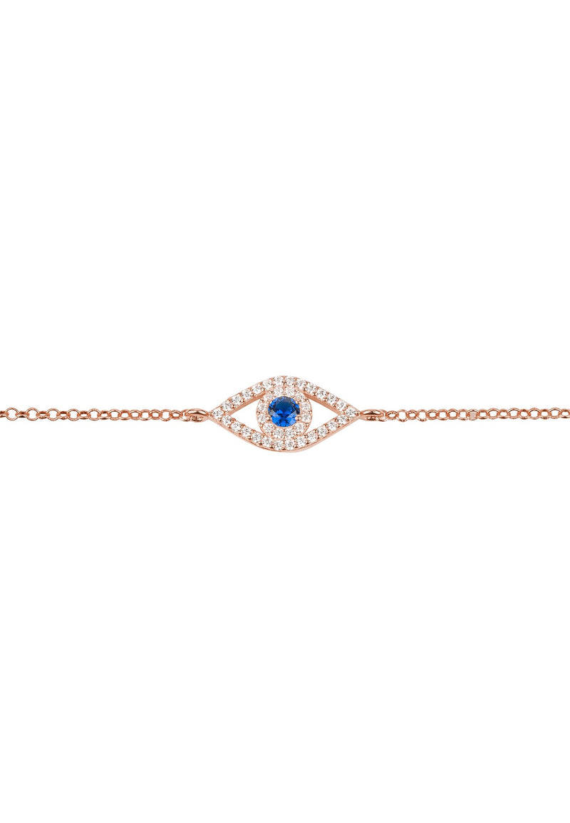 A close up of the evil eye in the evil eye elliptical bracelet. 